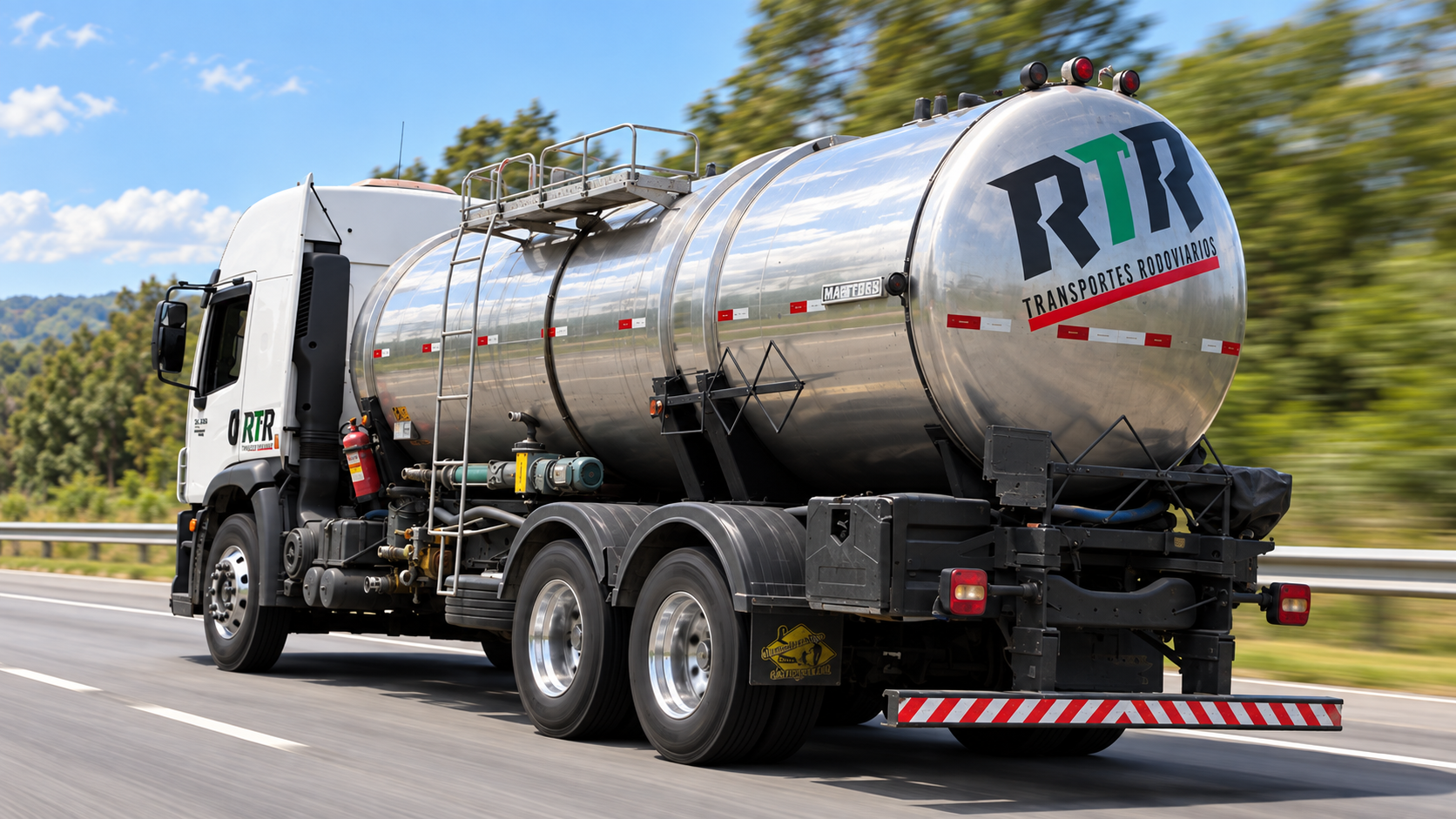 Caminhão-tanque da frota RTR Transportes em rodovia
